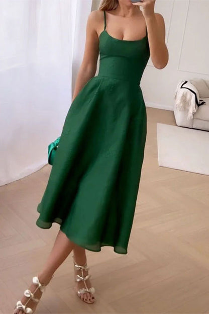 storexq Solid Color Girly Spaghetti Strap Midi Dress