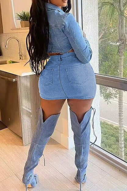 storexq Patchwork Denim Hot Bodycon Skirt Suit