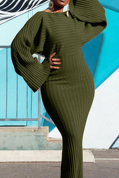 storexq Solid Color Ribbed Chic Batwing Sleeve Maxi Dress