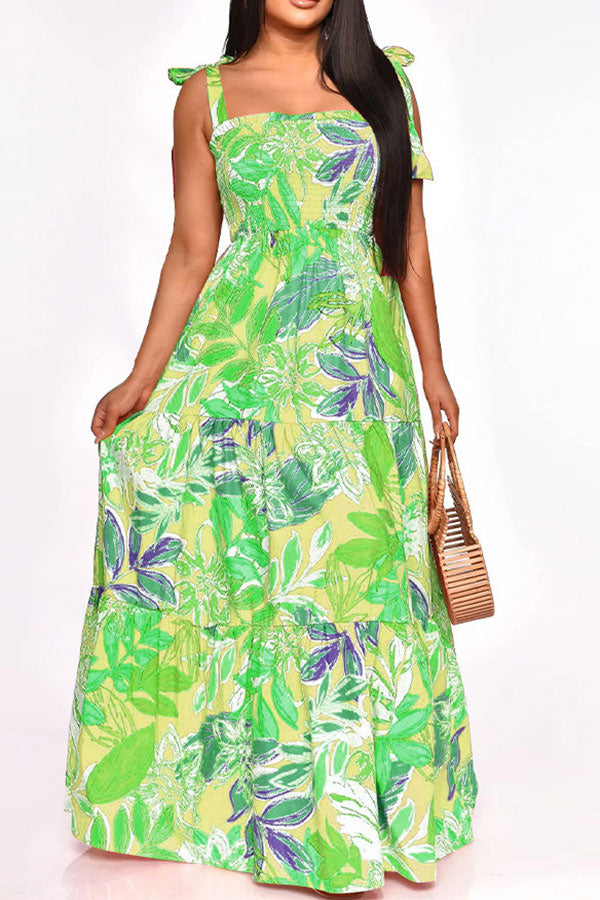 namcoverse Leaf Print Strap Shirred Undeniable Tiered Ruffle Maxi Dress