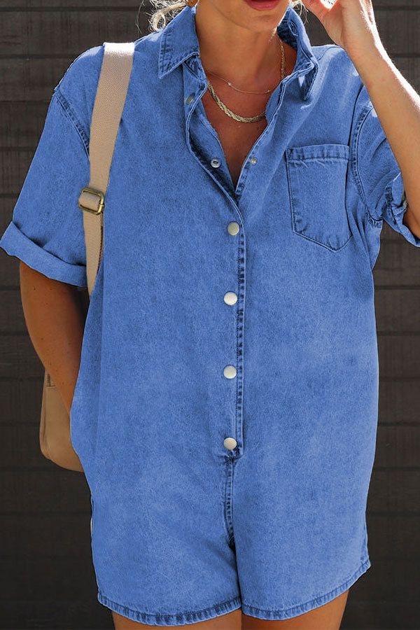 storexq Solid Color Casual Patch Pocket Denim Romper