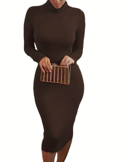 Solid High Neck Dress, Elegant Long Sleeve Bodycon Dress, Women's Clothing