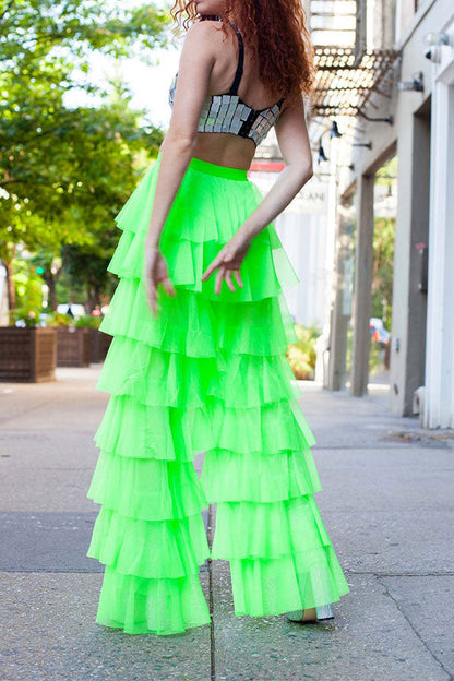 storexq Solid Color Whimsical Mesh Tiered Ruffle Pants