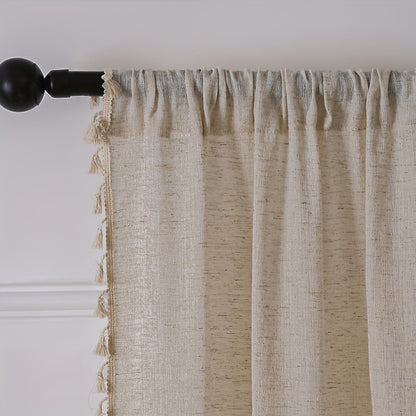 1PC Luxurious Solid Khaki Rod Pocket Curtain with Exquisite Tassel Trim - Bohemian Chic Decor for Living Room, Office, and Home - Easy to Hang, Durable, and Dust-Repellent