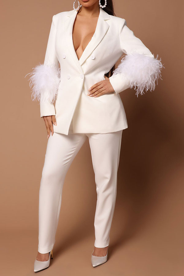 storexq Solid Color Feather Trim Stylish Pant Suit