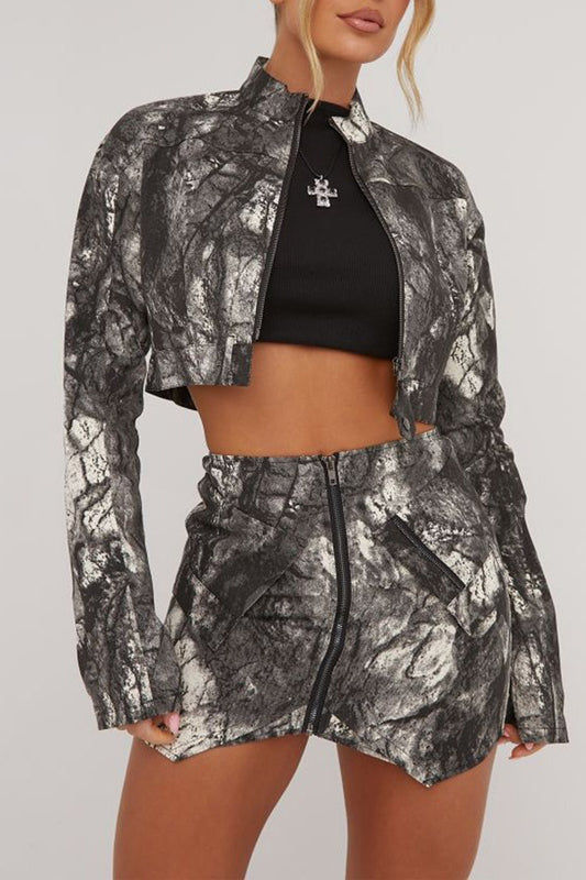 storexq Abstract Print Retro Zipper Irregular Skirt Suit