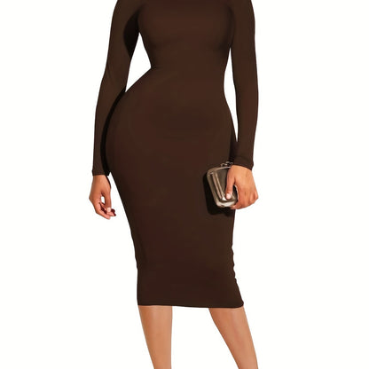 Solid High Neck Dress, Elegant Long Sleeve Bodycon Dress, Women's Clothing