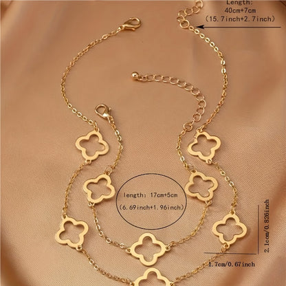 Timeless Chic - Dazzling Clover Charm Jewelry Set - Versatile Golden Necklace & Bracelet for Commuters