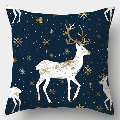 Contemporary Christmas Throw Pillow Covers Set of 4, Hand Washable Blue Polyester Decorative Pillowcases with Zipper Closure, Woven Elk, Christmas Tree, Snowflake Print Cushion Covers for Sofa, Bedroom Decor - 18x18 Inches (Pillow Inserts Not Included)