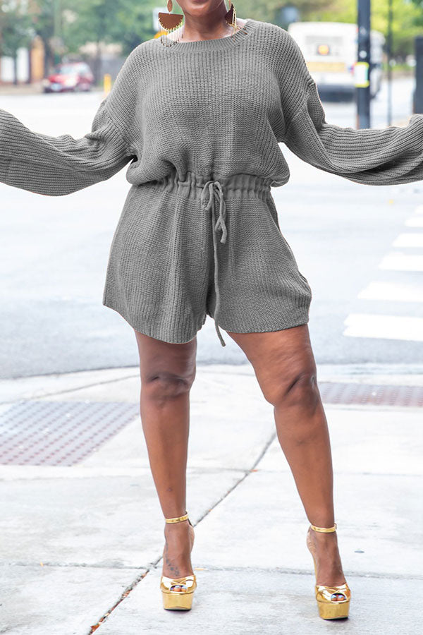 storexq Solid Color Knitted Classic Drawstring Romper