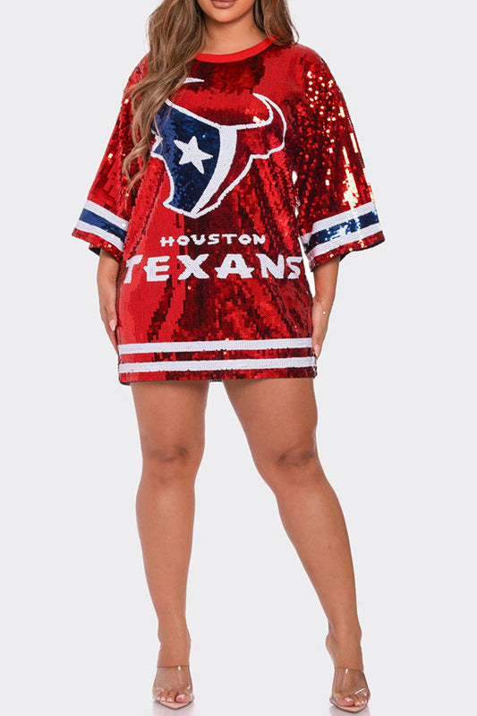 storexq Letter Sequined Oversized Round Neck Mini Dress