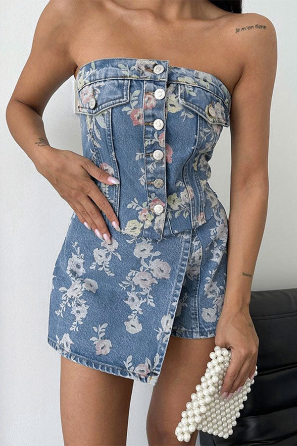 storexq Floral Print Retro Button Thru Denim Camisole