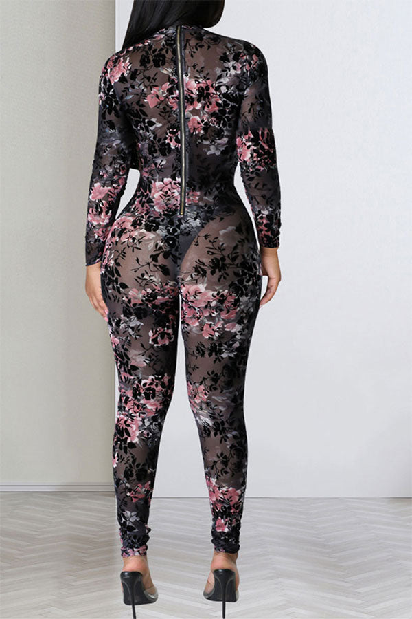 storexq Floral Print Party See-Through Bodycon Jumpsuit