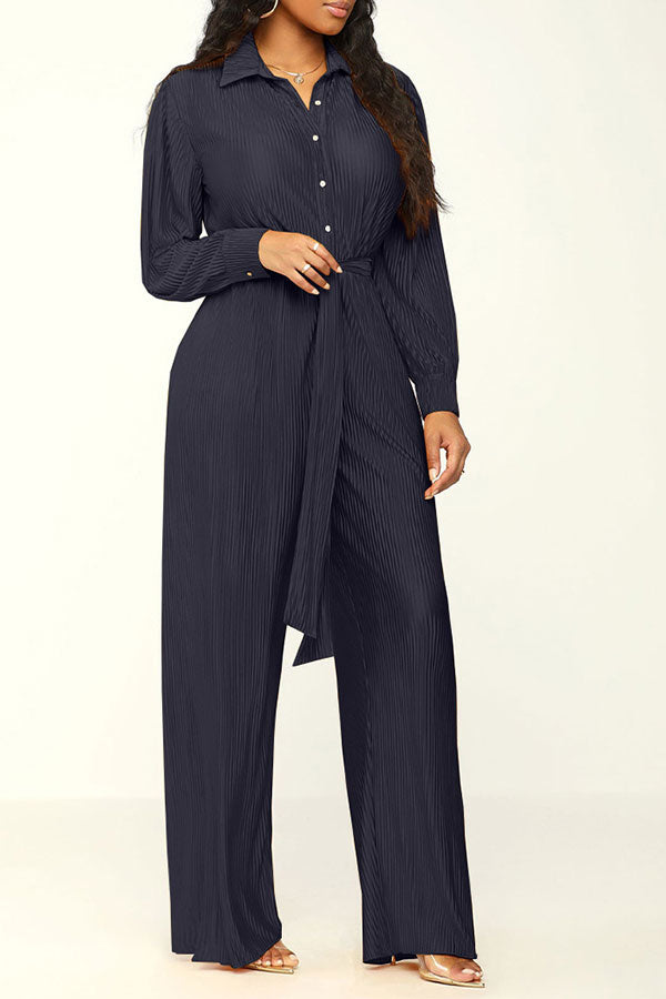 storexq Solid Color Classic Belted Pleated Jumpsuit