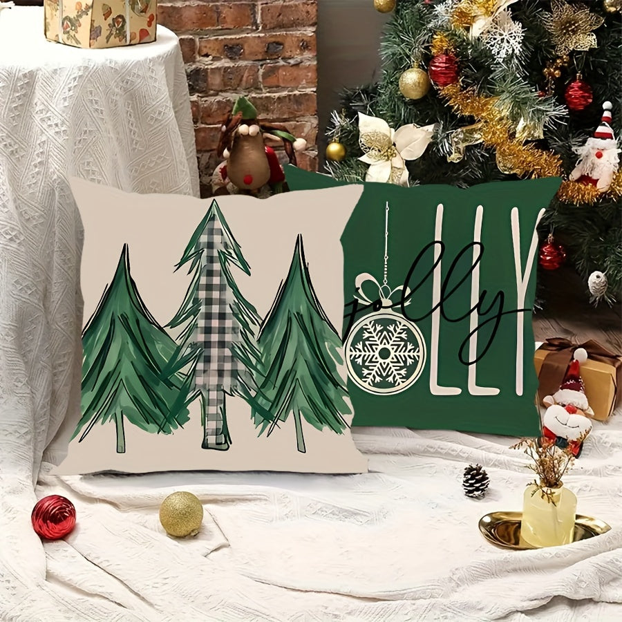 4pcs Set Green Christmas Tree Throw Pillow Covers, 18x18 Inch - Modern Minimalist Style, Flannel Printed, Zip Closure - Perfect for Living Room, Bedroom & Sofa Decor (Inserts Not Included)