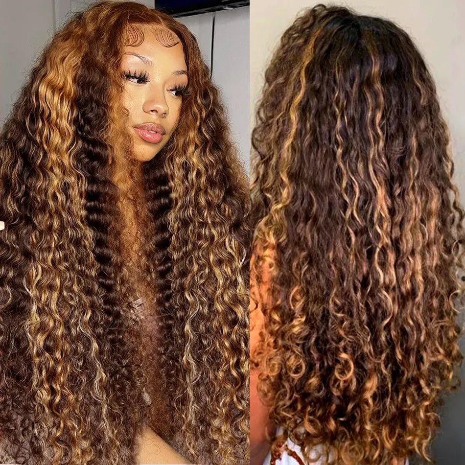 Brazilan Hd Lace Highlight Water Deep Wave Frontal Wig Honey Brown Glueless Curly Lace Front Wigs Colored Synthetic Bob for Women 30 Inch