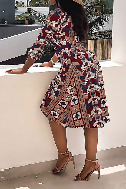 storexq Geometric Print Retro Drawstring Dress Suit