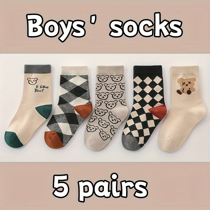 5 Pairs Of Boy's Trendy Cartoon Checkered Crew Socks, Breathable Comfy Casual Style Unisex Socks For Kids Outdoor All Seasons Wearing