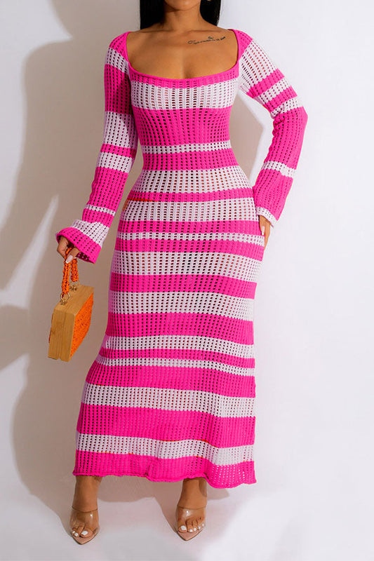 storexq Color Block Casual Hollow-Out Knitted Maxi Dress