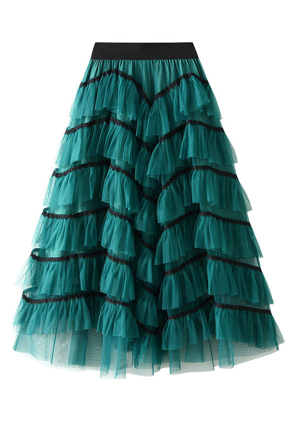 storexq Patchwork Cute Mesh Tiered Ruffle Skirt