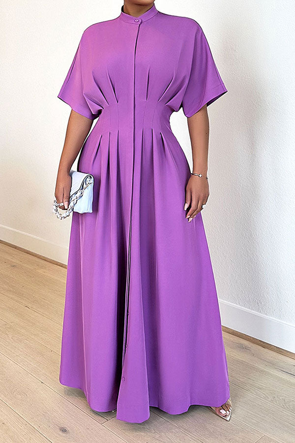 storexq Solid Color Classic Pleated Maxi Shirt Dress