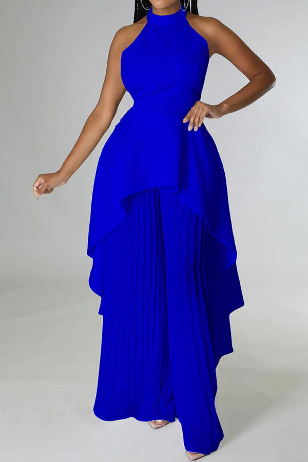 storexq Solid Color Rocking Pleated Irregular Wide Leg Pant Suit