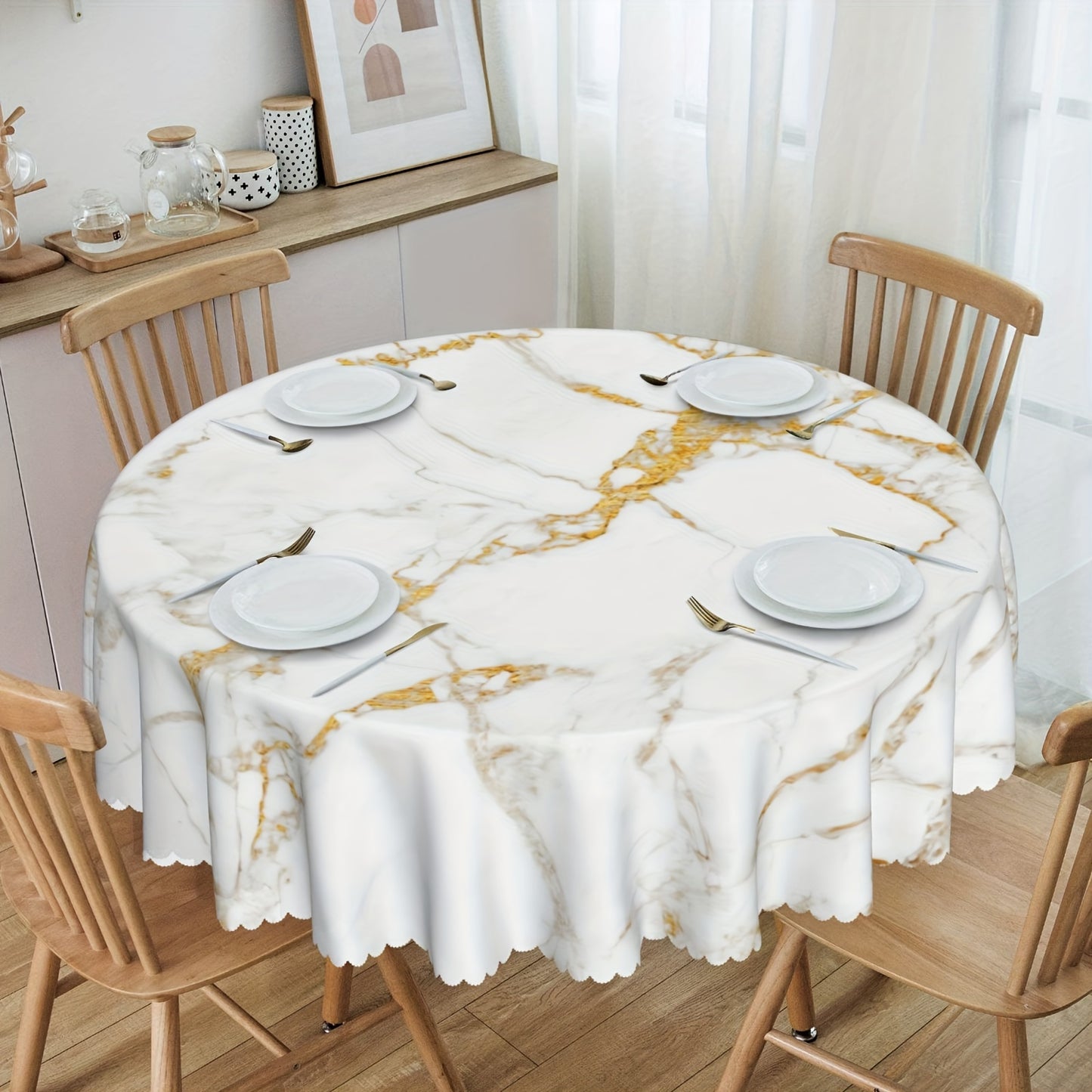 1pc, Round/Square Tablecloth, Marbled Abstract Textured Table Cloth, Golden Crack Pattern Table Cover, Waterproof Stain Wrinkle Free, Indoor And Outdoor Table Cover, For Home Kitchen Dining