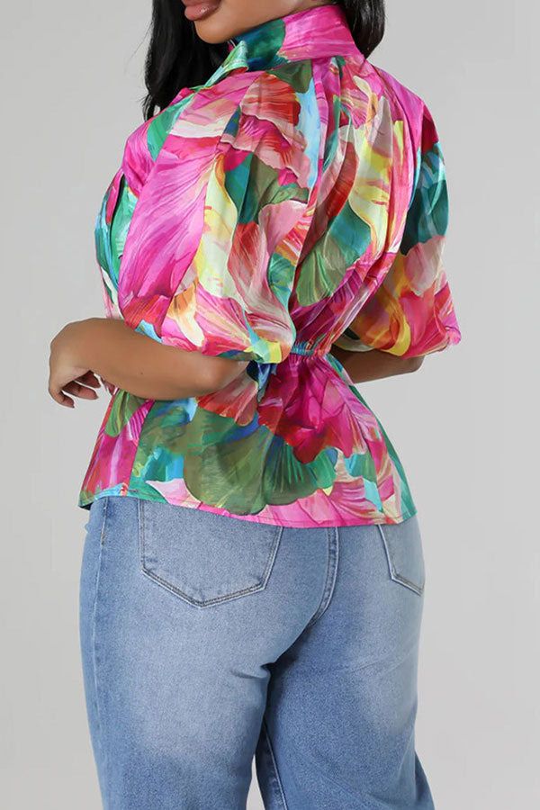 storexq Floral Print Puff Sleeve Sweet Peplum Blouse