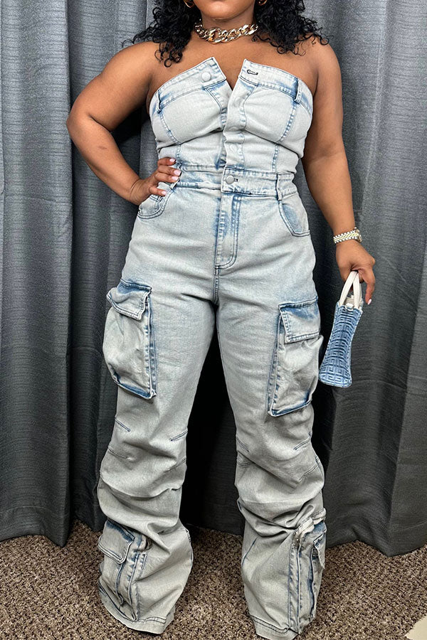 storexq Washed Denim Strapless Casual Multi Pocket Jumpsuit