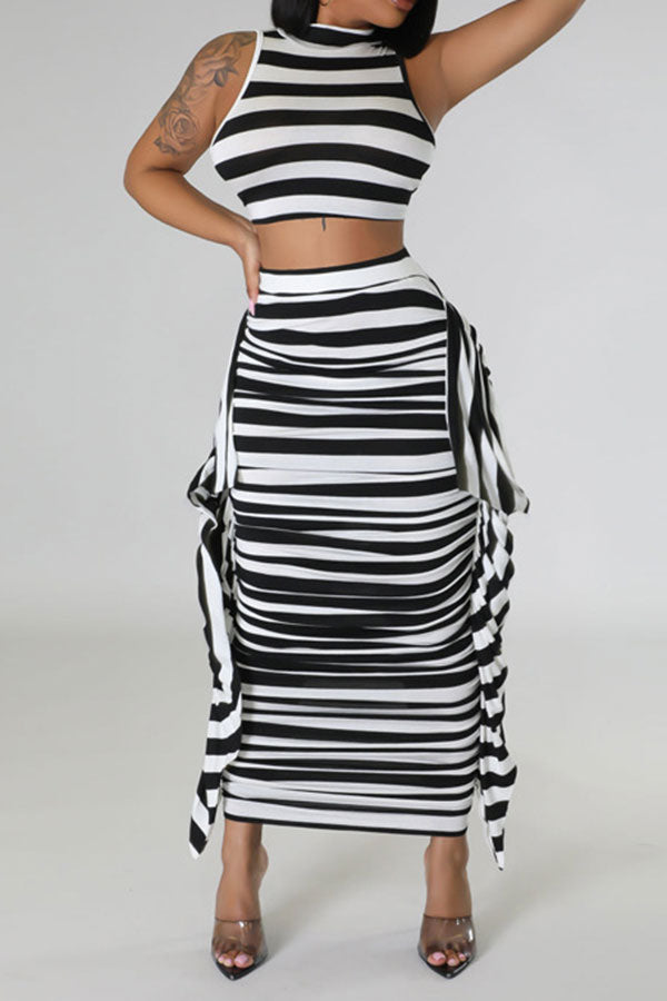 storexq Striped Cute Tie Back Side Ruffle Dress Suit