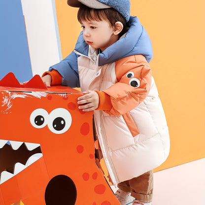 Boy's Trendy Color Block Dinosaur Mid-length Down Jacket, Long Sleeve Warm Hooded Coat With Pockets For Winter Outdoor Casual Activities