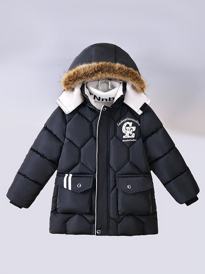 Cozy Fleece-Lined Boys' Hooded Jacket with Removable Fur Trim - Casual Winter Outerwear for Young Youngsters