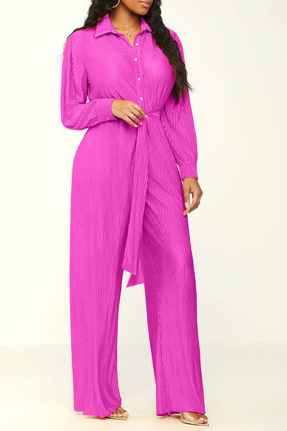 storexq Solid Color Classic Belted Pleated Jumpsuit