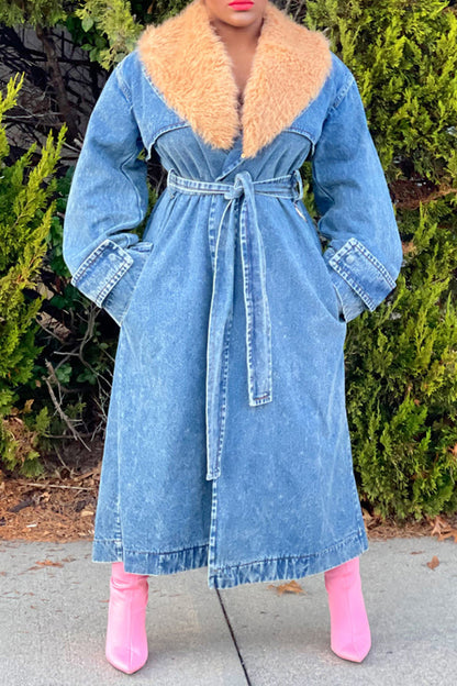 storexq Patchwork Feminine Belted Denim Trench Coat