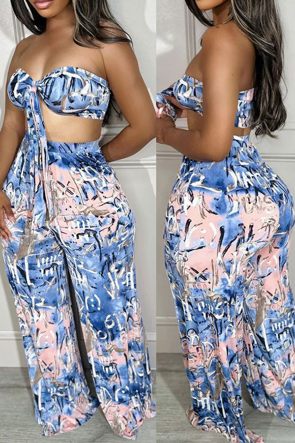 storexq Graffiti Print Beachy Bandeau Lace-Up Pant Suit