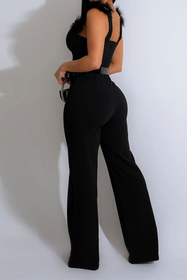 storexq Feather & Rhinestone Strap Glamorous Belted Jumpsuit