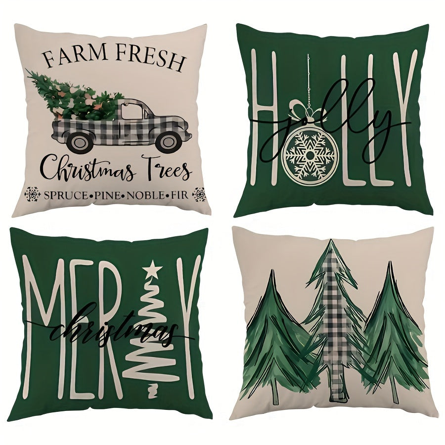 4pcs Set Green Christmas Tree Throw Pillow Covers, 18x18 Inch - Modern Minimalist Style, Flannel Printed, Zip Closure - Perfect for Living Room, Bedroom & Sofa Decor (Inserts Not Included)