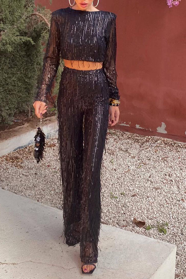 storexq Solid Color Sequined Glittery Tassel Pant Suit