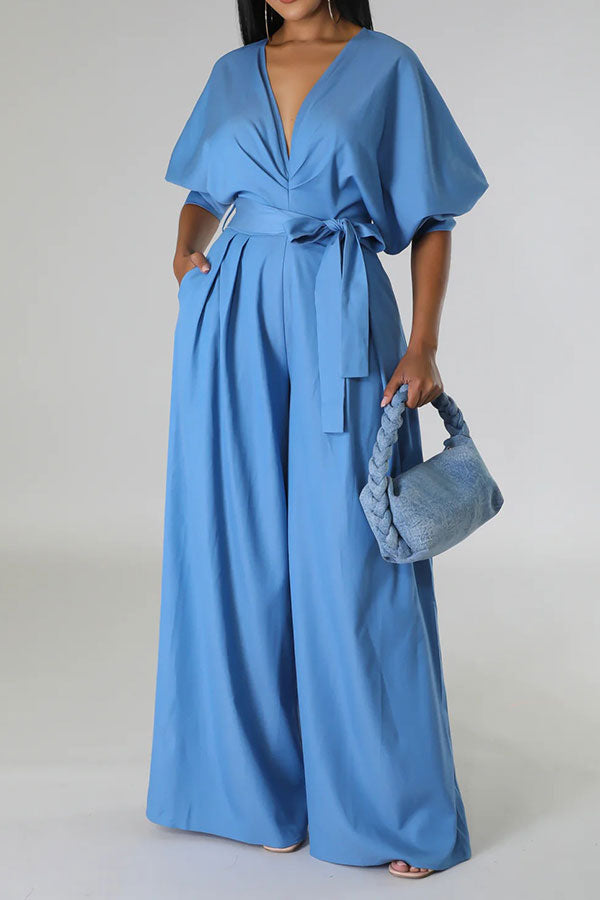 storexq Solid Color Pretty Belted Wide Leg Jumpsuit