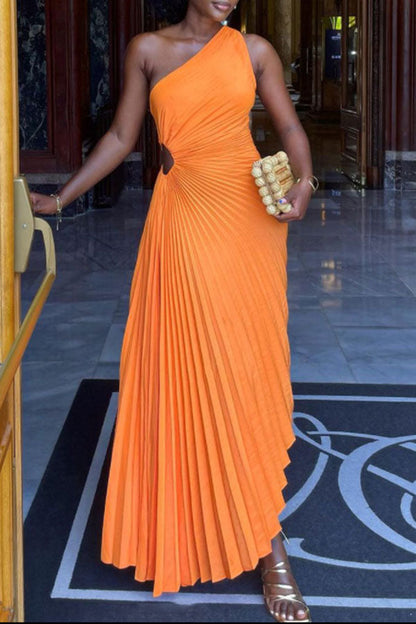 namcoverse Orange Cutout Stylish Pleated Asymmetric Maxi Dress