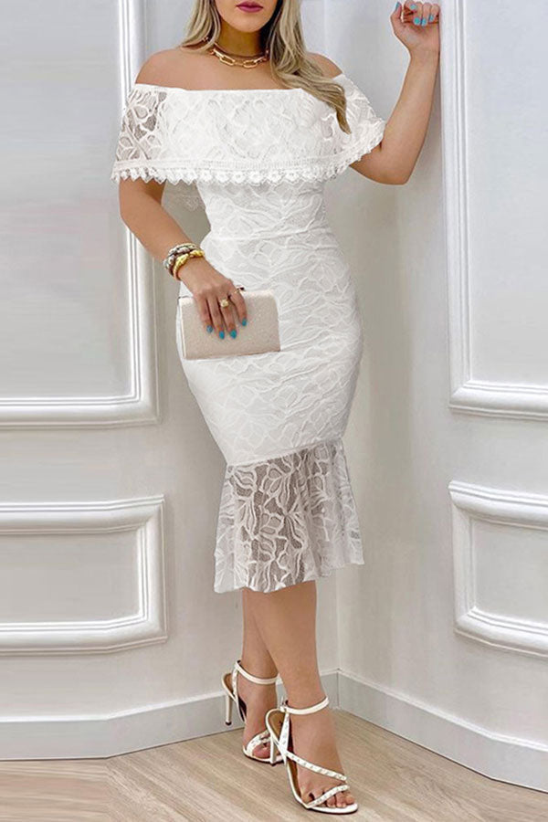 storexq Lace Stunning Off Shoulder Ruffle Midi Dress