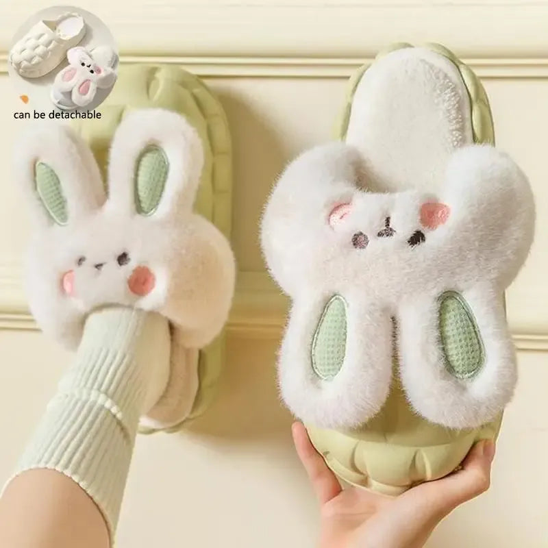 Cute Rabbit Shoes Winter Fuzzy Slippers Women Detachable Washable House Shoes Outdoor Garden Indoor Floor Slipper Dropshipping