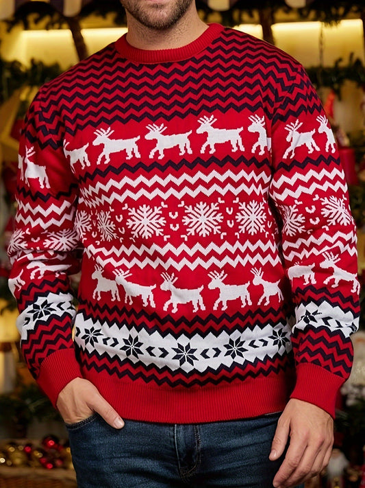 1pc Unisex Acrylic Christmas Sweater with Reindeer Pattern - Casual Style, Slight Stretch, Woven Holiday Theme Party Costume for New Year and Carnival