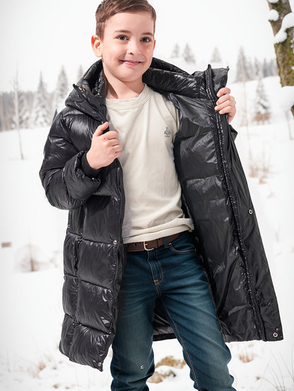 Boys Warm Thick Mid-length Hooded Jacket, Zip Up Coat, Boy's Clothes For Winter Outdoor, As Gift