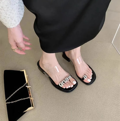 Transparent letter rhinestone fashion new square toe women wear slippers sandals high heels temperament block heel summer