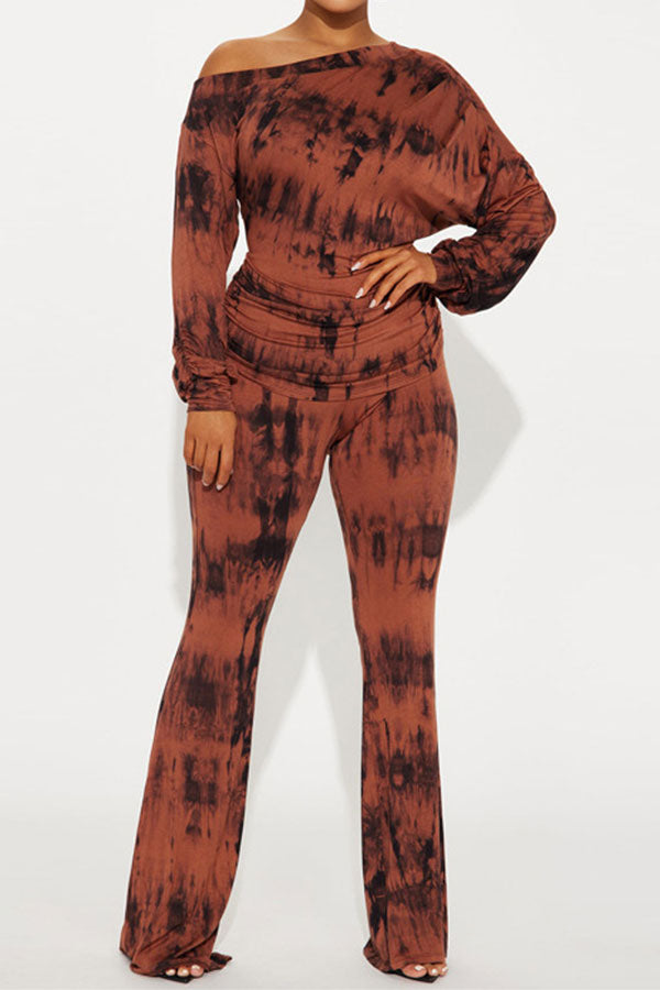 storexq Splash Ink Print Slash Neck Modern Ruched Pant Suit