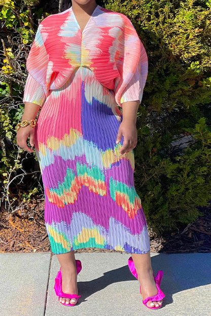 storexq Tie Dye Colorful Batwing Sleeve Midi Dress