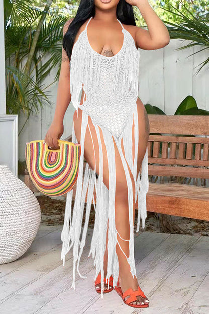 storexq Solid Color Backless Romantic Crochet Cutout Tassel Beachwear