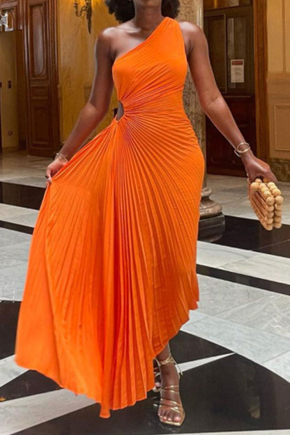 namcoverse Orange Cutout Stylish Pleated Asymmetric Maxi Dress