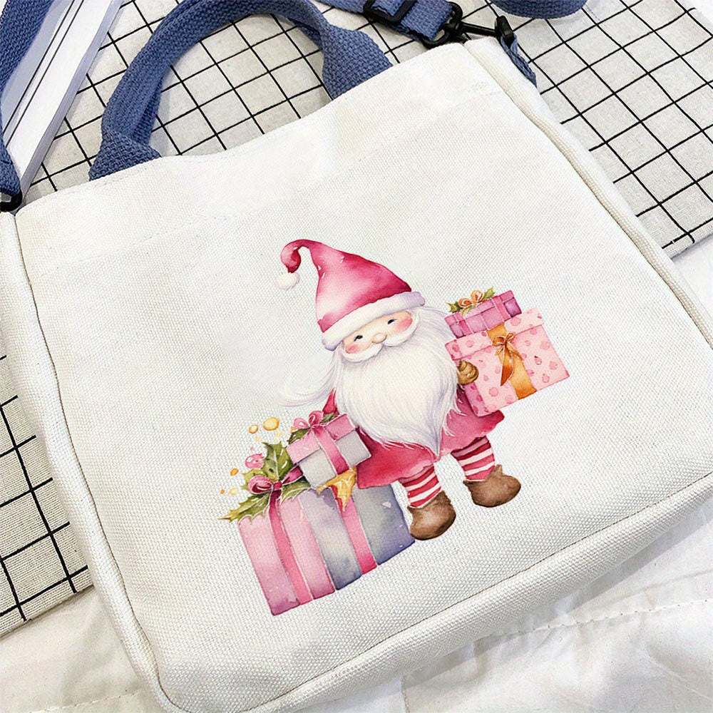 1pc Festive Canvas Christmas Handbag for Women, Santa Claus Print, Detachable Shoulder Strap, Multi-Functional Tote/Shoulder/Messenger Bag with Buckle Closure